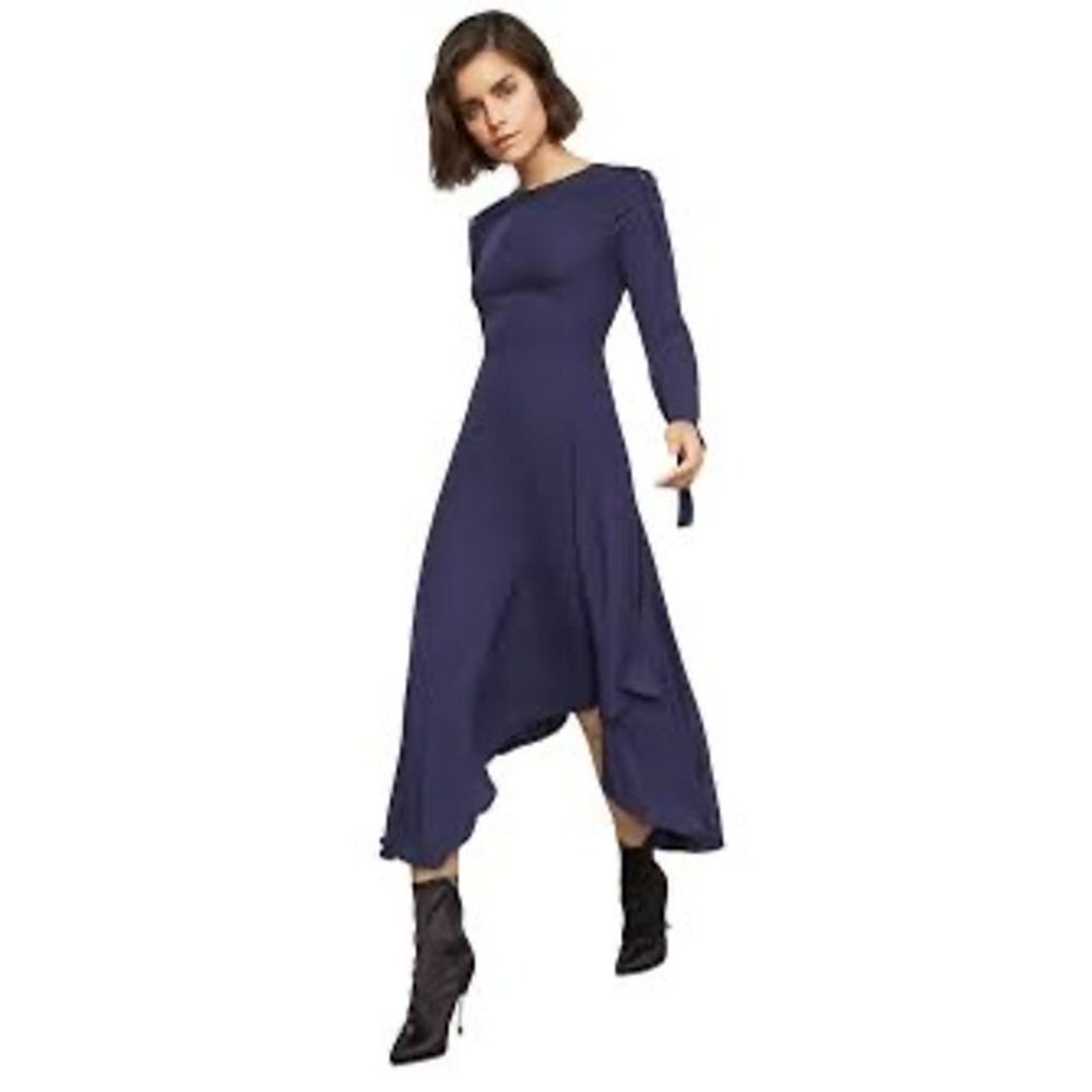 New BCBG Max Azria Asymmetric Pleather-Trimmed Dark Pacific Blue Dress